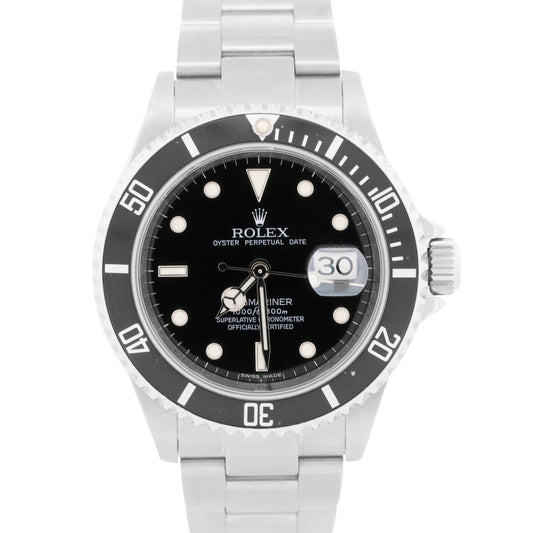 Rolex Submariner Date Black REHAUT Stainless Steel NO-HOLES 40mm Watch 16610