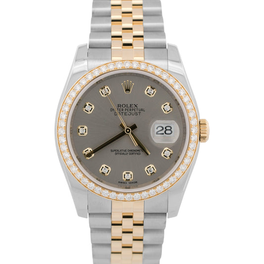 PAPERS Rolex DateJust 36mm FACTORY RHODIUM DIAMOND 18K Gold JUBILEE 116243 BOX