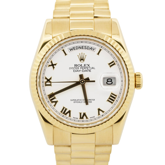 Rolex Day-Date President WHITE ROMAN 18K Yellow Gold Fluted 36mm 118238 BOX