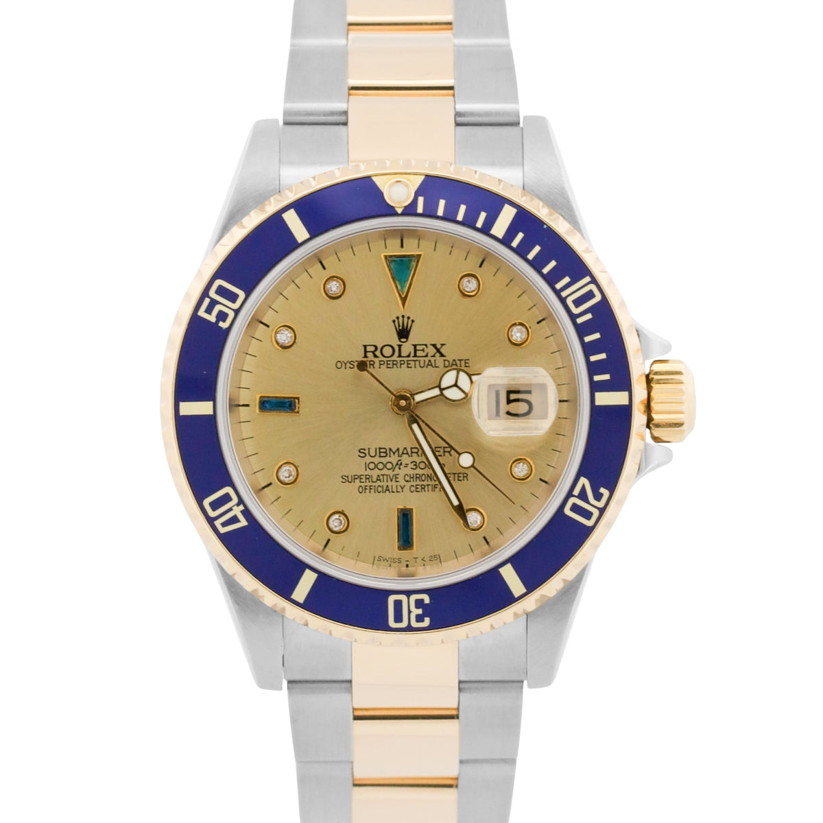 2004 Rolex Submariner Date 16613 Serti Champagne Blue Steel 18K 40mm Box Papers