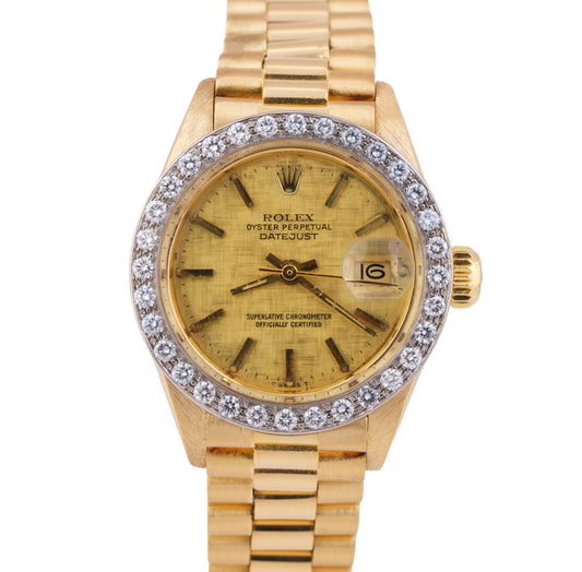 Ladies Rolex DateJust 26mm CHAMPAGNE LINEN 18K Yellow Gold President 6917 Watch