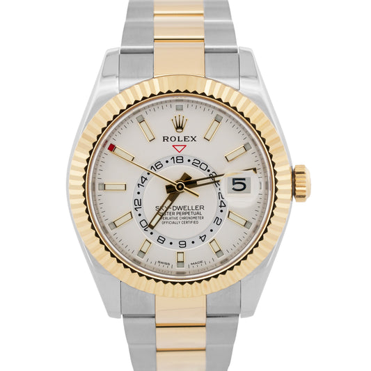 PAPERS Rolex Sky-Dweller WHITE 18K Yellow Gold Stainless OYSTER 42mm 326933 BOX