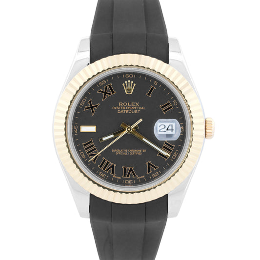 Rolex Datejust II 2 MATTE BLACK ROMAN 18K Yellow Gold Steel 41mm 116333 BOX