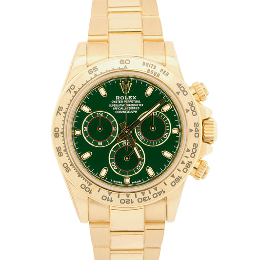 PAPERS Rolex Daytona Cosmograph GREEN 40mm 18K Yellow Gold Watch 116508 BOX
