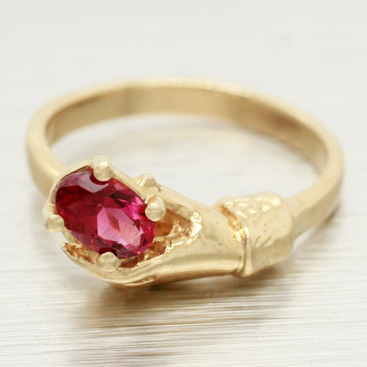 Vintage Oval Pink Tourmaline in Hand Ring - 14k Yellow Gold Setting - Size 6