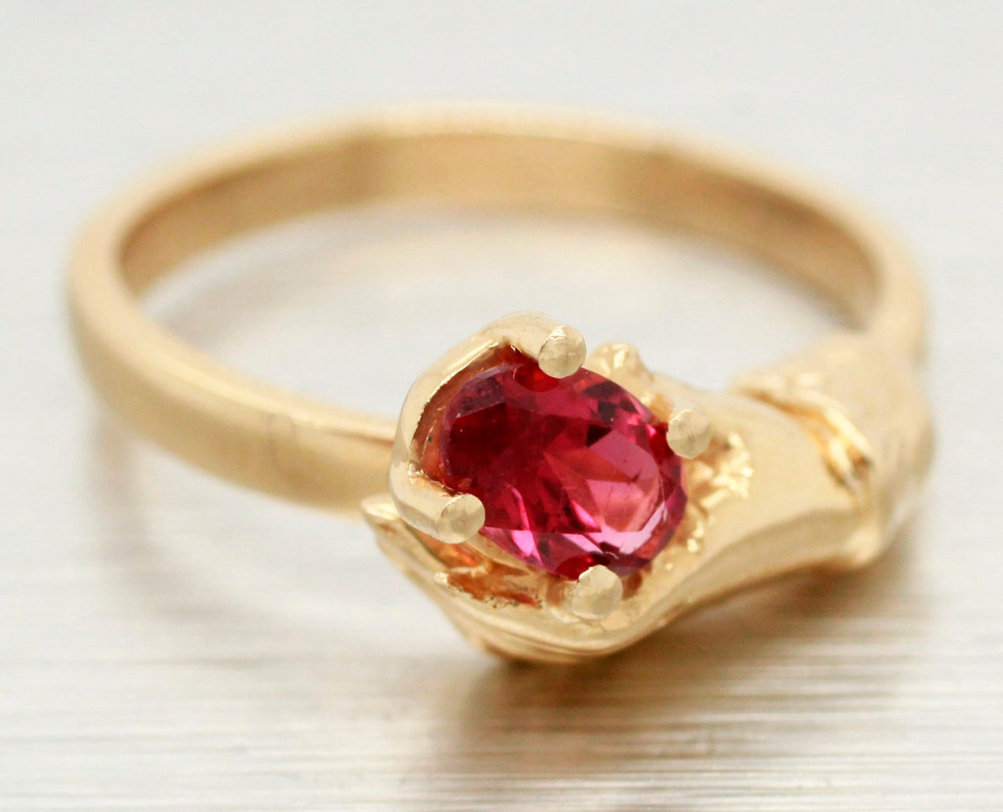 Vintage Oval Pink Tourmaline in Hand Ring - 14k Yellow Gold Setting - Size 6