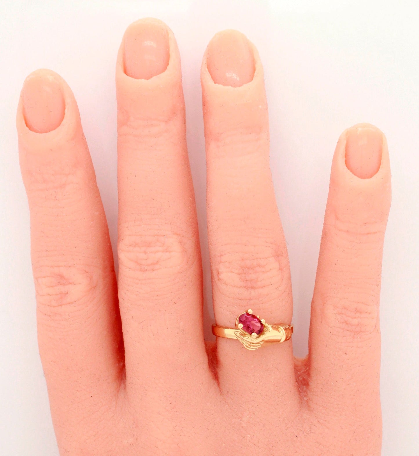 Vintage Oval Pink Tourmaline in Hand Ring - 14k Yellow Gold Setting - Size 6