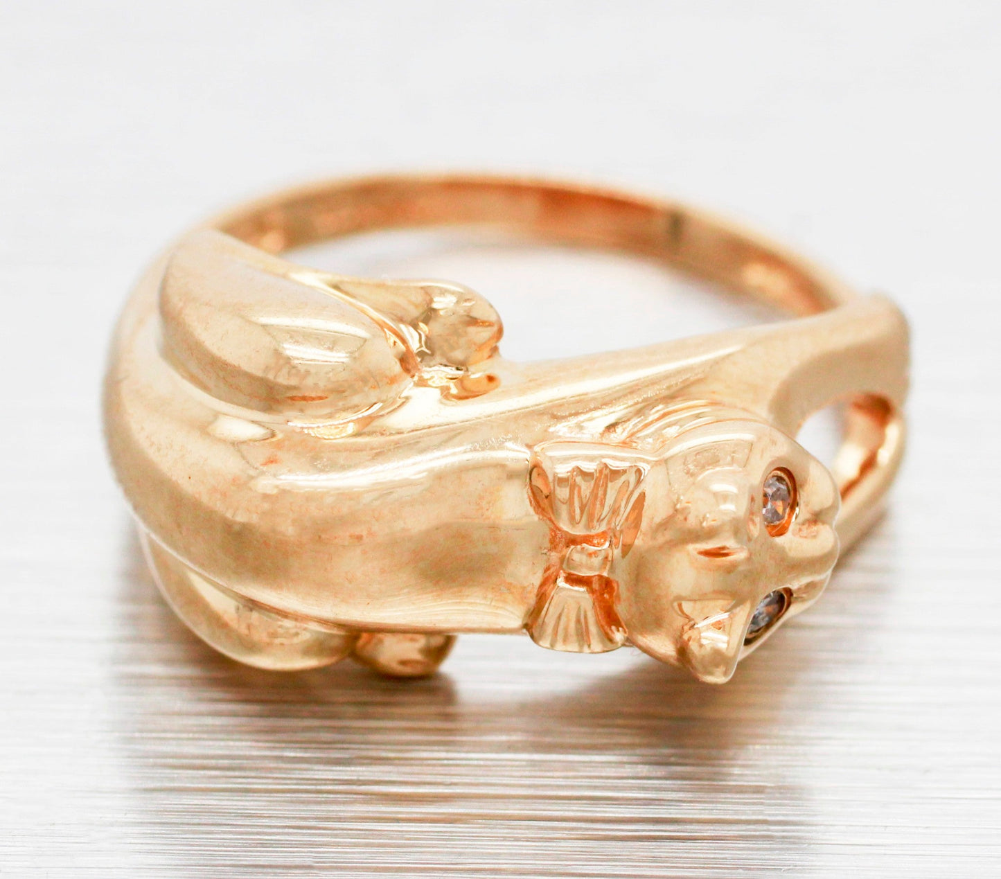 Vintage Designer Diamond-Eyed Cat Bowtie Ring - 14k Yellow Gold Kitten Size 5.25