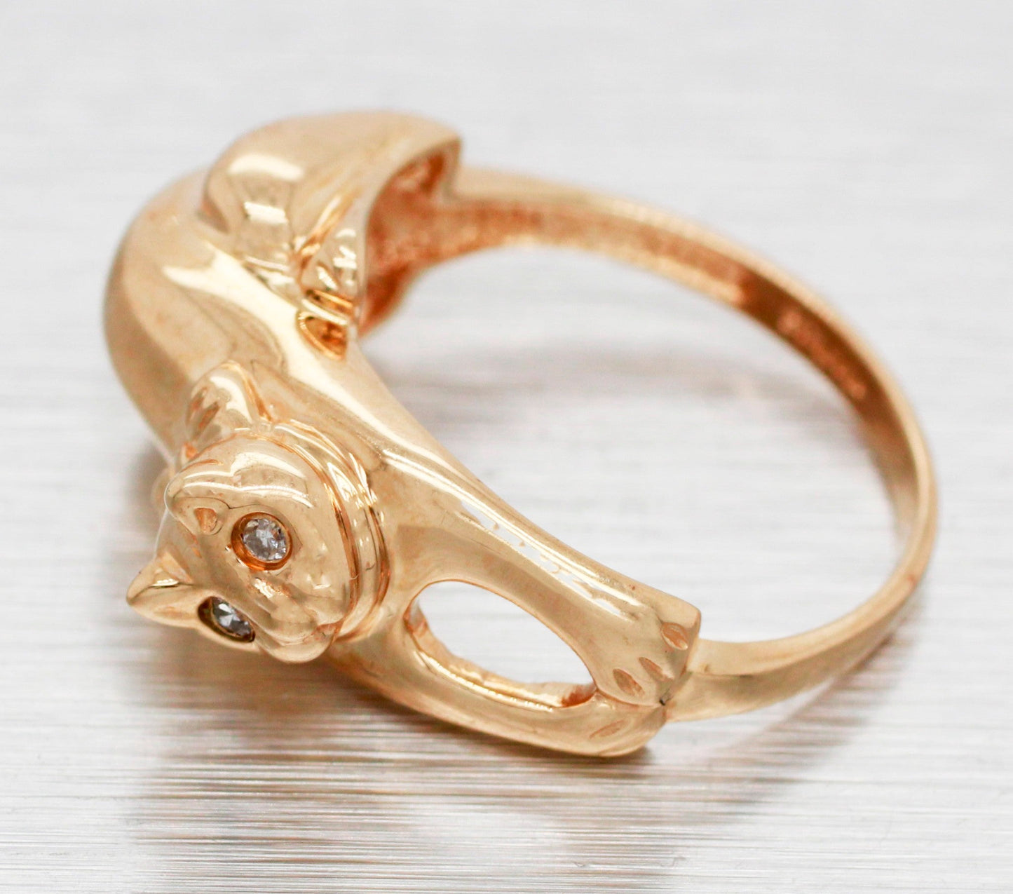 Vintage Designer Diamond-Eyed Cat Bowtie Ring - 14k Yellow Gold Kitten Size 5.25