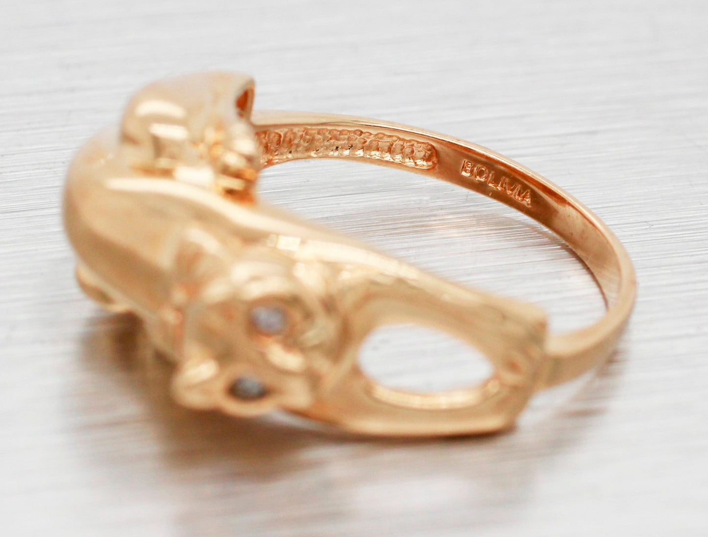 Vintage Designer Diamond-Eyed Cat Bowtie Ring - 14k Yellow Gold Kitten Size 5.25