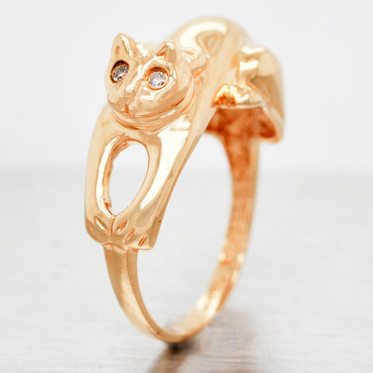 Vintage Designer Diamond-Eyed Cat Bowtie Ring - 14k Yellow Gold Kitten Size 5.25