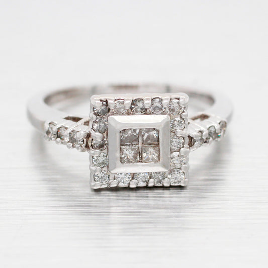 Vintage 0.35ctw Diamond Cocktail Ring - 14k White Gold Square Halo Setting