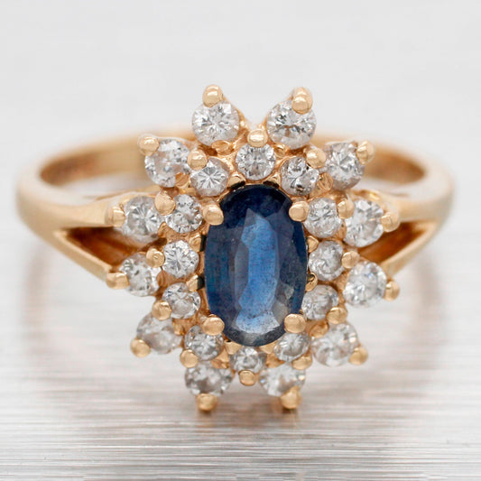 Vintage Oval Sapphire & 0.25ctw Diamond Halo Cocktail Ring - 14k Yellow Gold