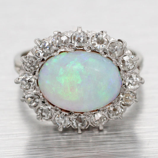 Antique Art Deco White Opal Cocktail Ring w/ Diamond Halo - 14k White Gold