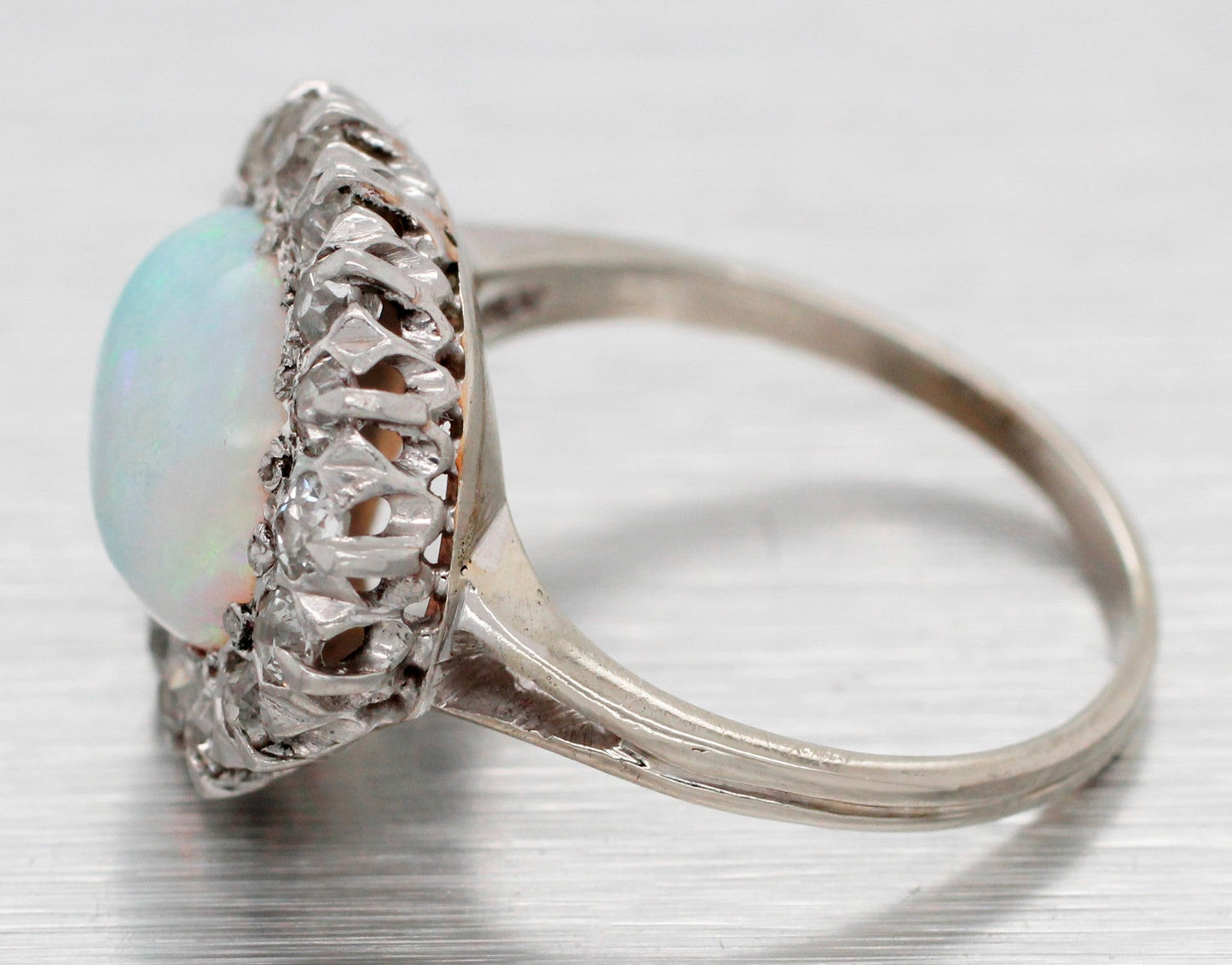 Antique Art Deco White Opal Cocktail Ring w/ Diamond Halo - 14k White Gold