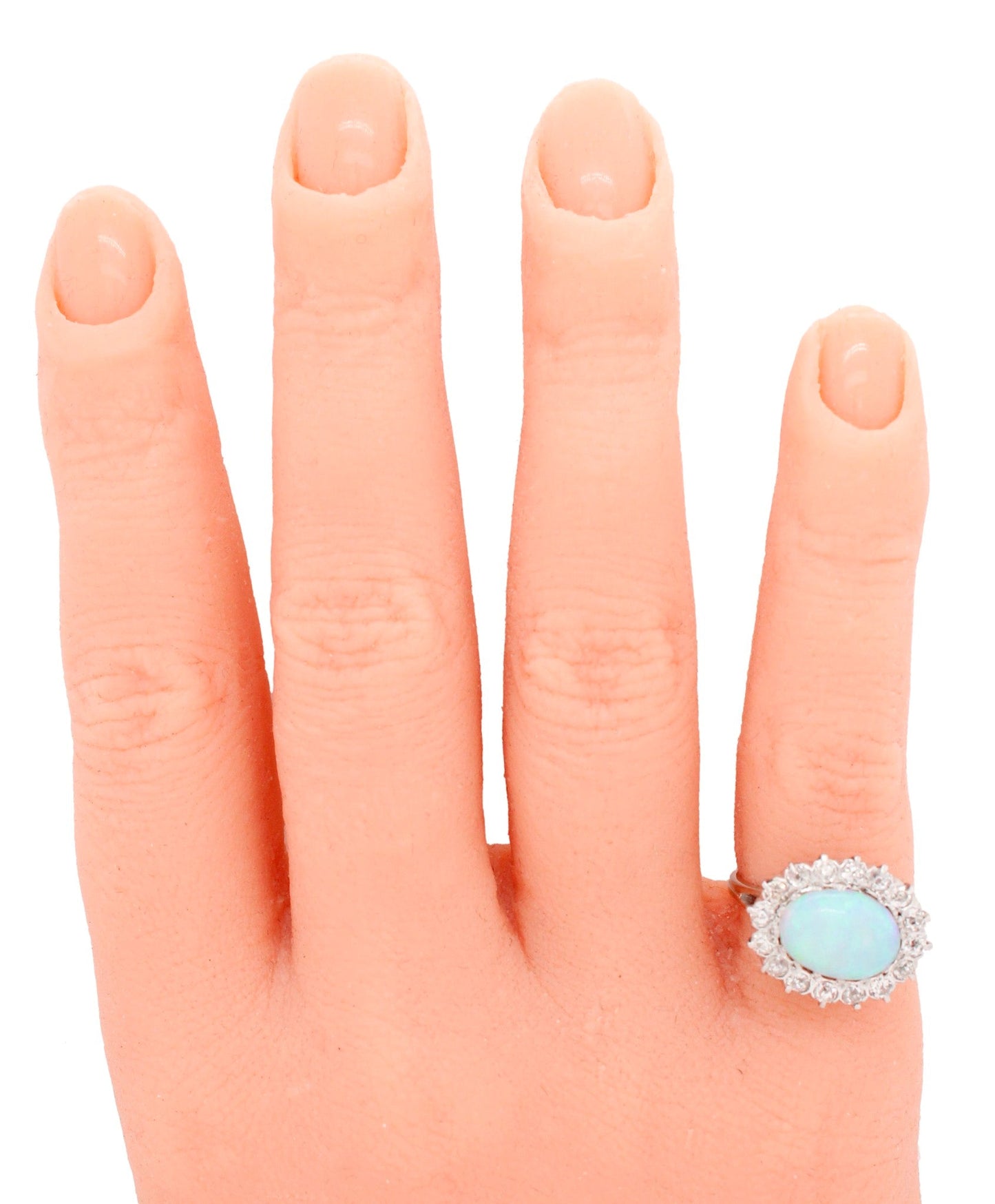Antique Art Deco White Opal Cocktail Ring w/ Diamond Halo - 14k White Gold