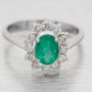 Vintage Oval Emerald & Diamond Halo Cocktail Ring - 18k White Gold Reverse Taper