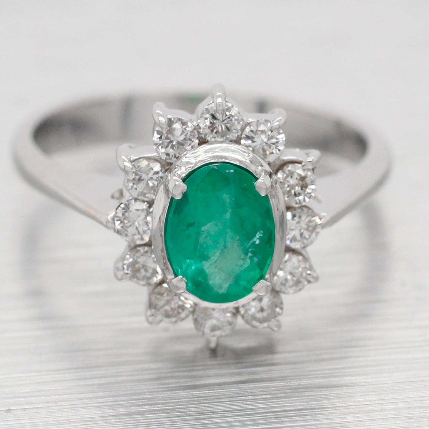 Vintage Oval Emerald & Diamond Halo Cocktail Ring - 18k White Gold Reverse Taper