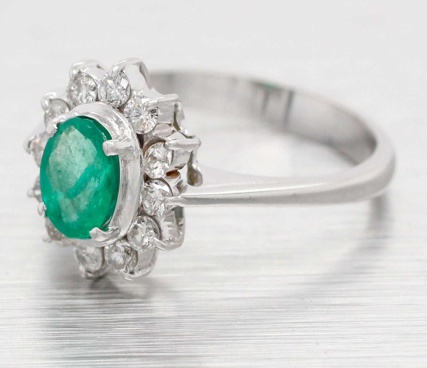 Vintage Oval Emerald & Diamond Halo Cocktail Ring - 18k White Gold Reverse Taper