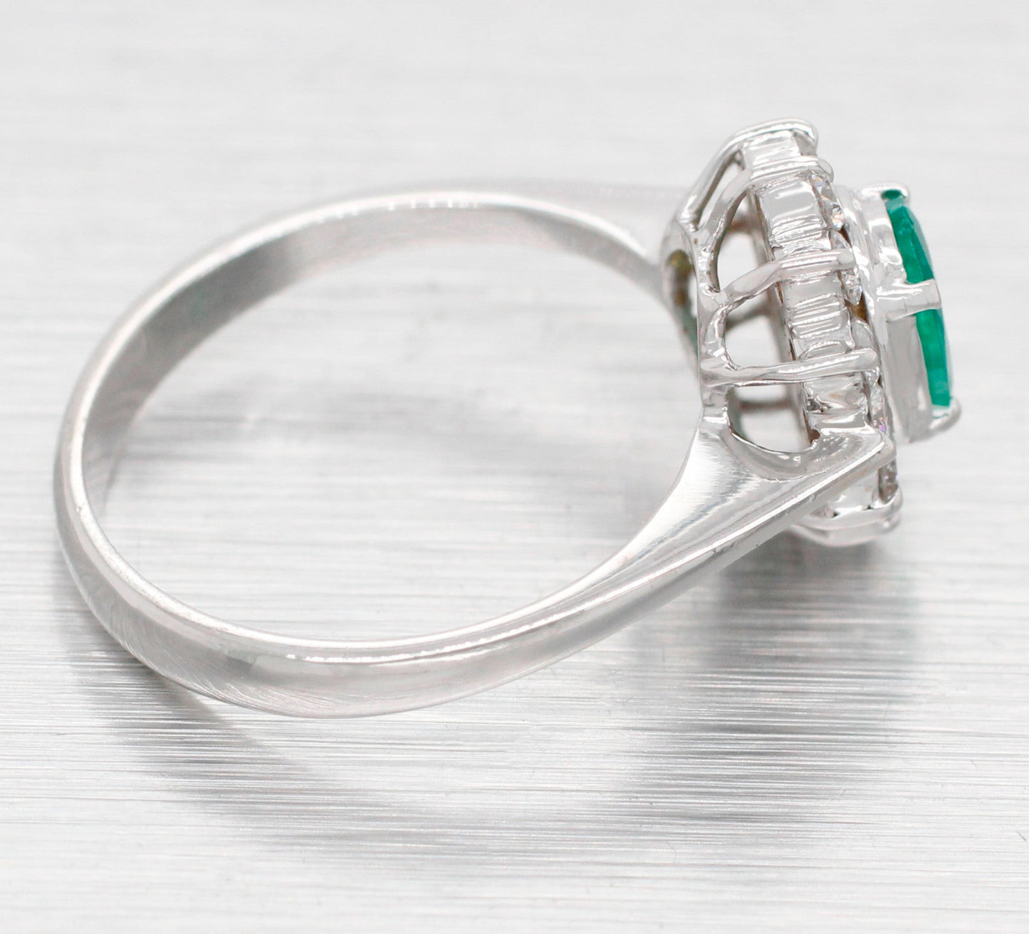 Vintage Oval Emerald & Diamond Halo Cocktail Ring - 18k White Gold Reverse Taper