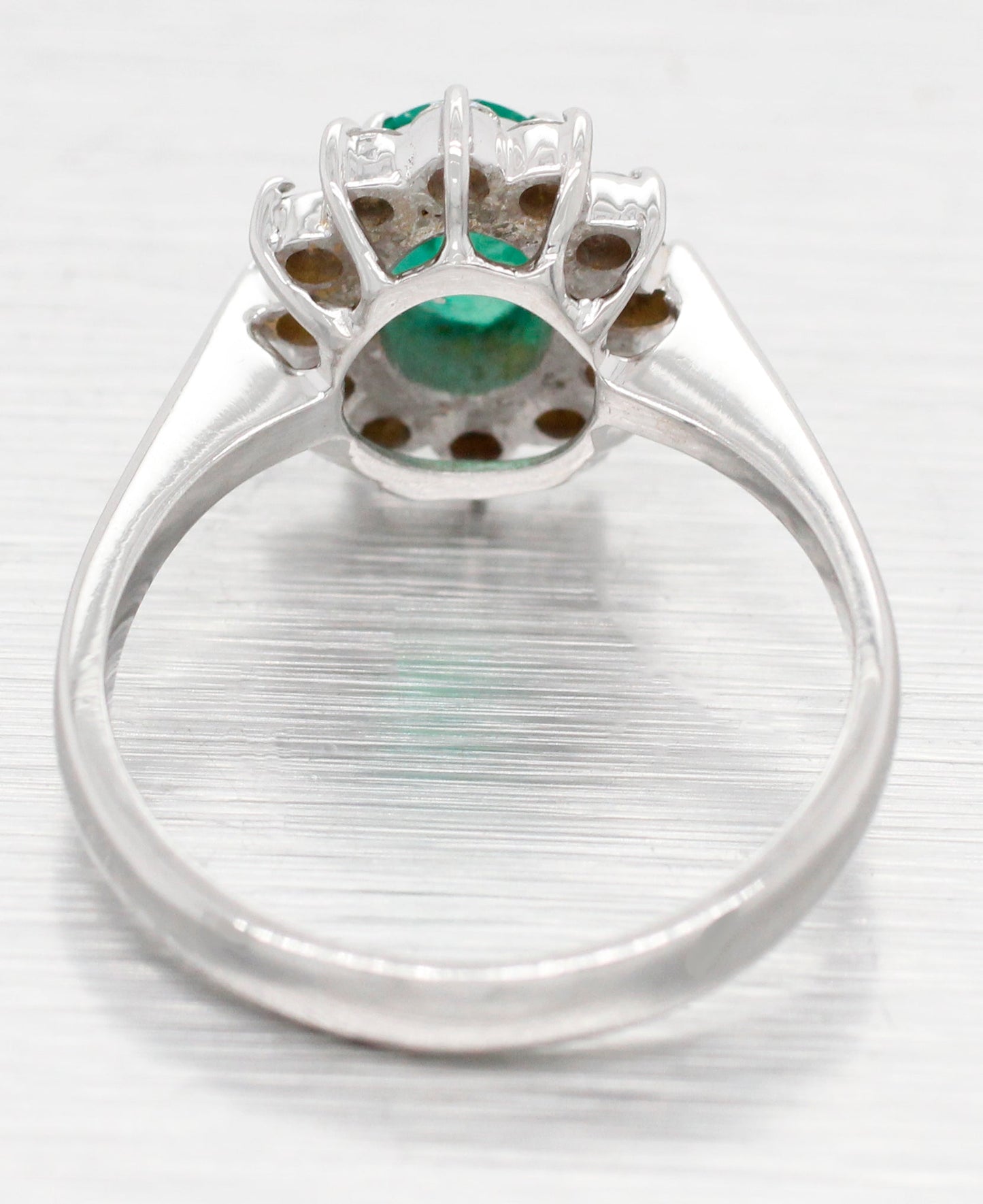 Vintage Oval Emerald & Diamond Halo Cocktail Ring - 18k White Gold Reverse Taper