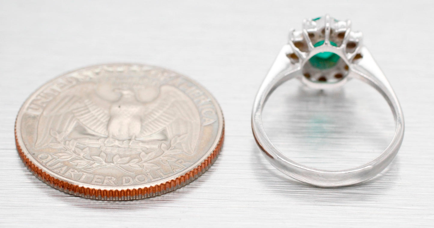 Vintage Oval Emerald & Diamond Halo Cocktail Ring - 18k White Gold Reverse Taper