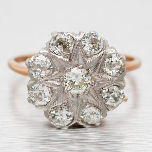 Antique Art Deco 1.00ctw Diamond Flower Cocktail Ring - 14k Yellow Gold Band