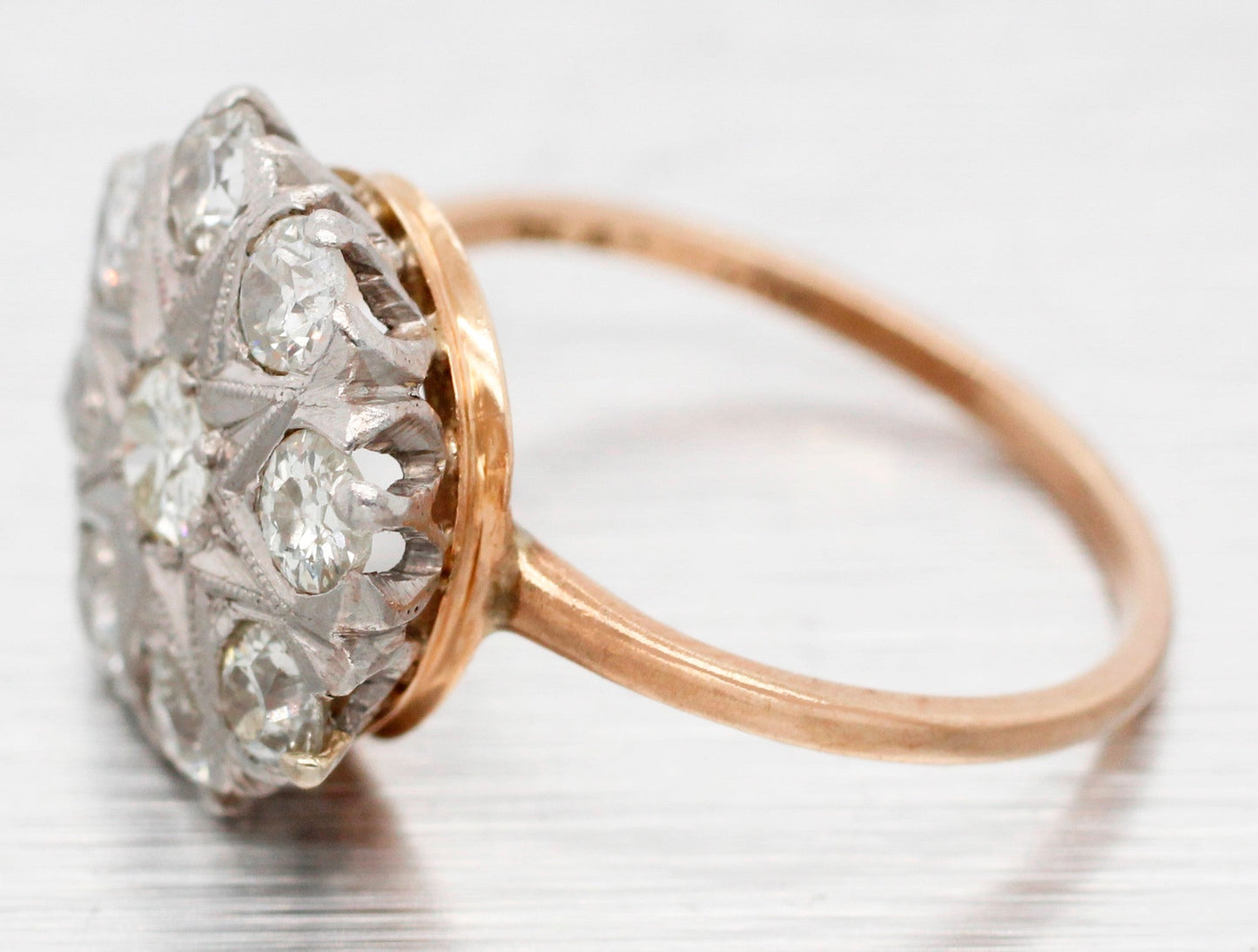Antique Art Deco 1.00ctw Diamond Flower Cocktail Ring - 14k Yellow Gold Band