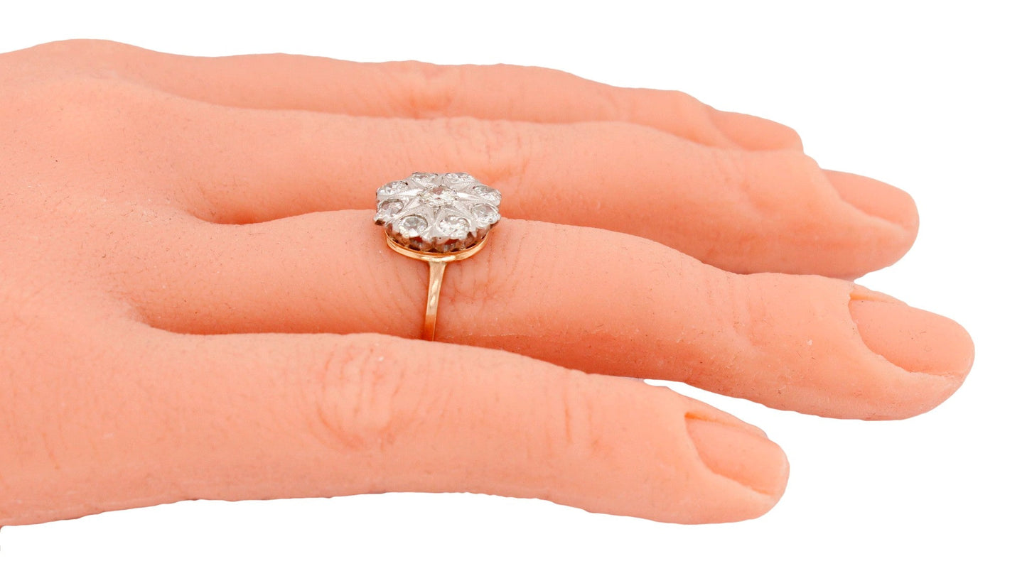 Antique Art Deco 1.00ctw Diamond Flower Cocktail Ring - 14k Yellow Gold Band