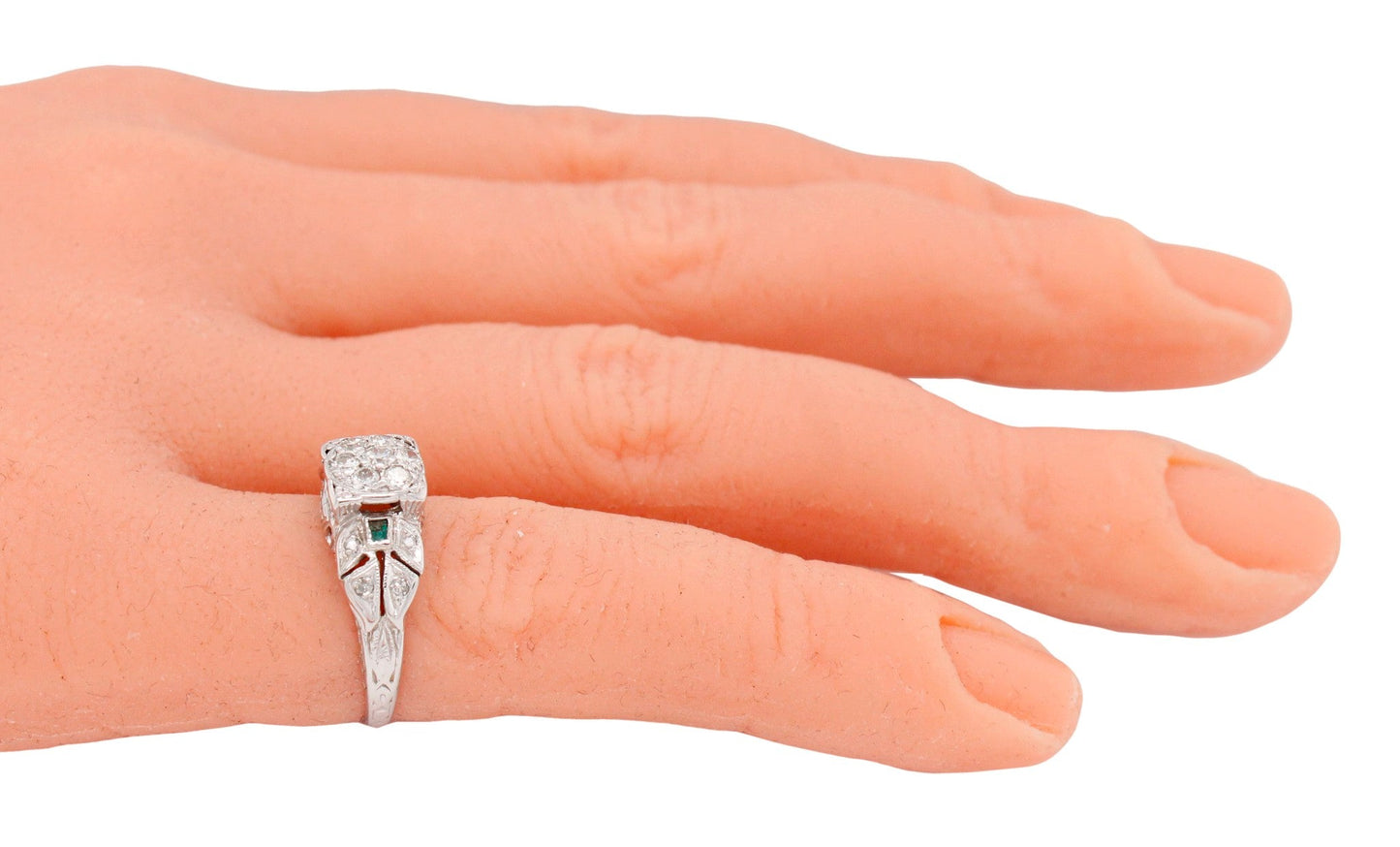 Antique Art Deco 0.25ctw Diamond & Emerald Nature Band Ring - 14k White Gold