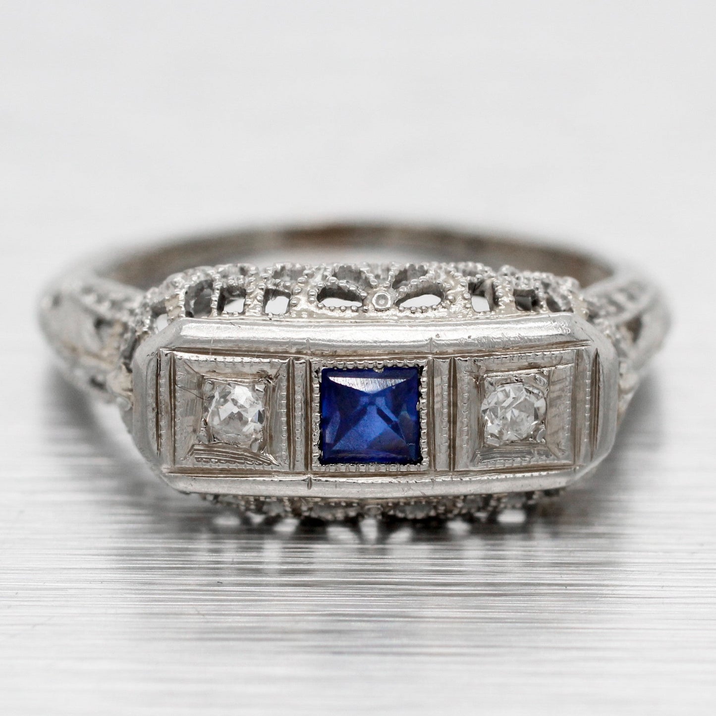 Antique Art Deco Square Sapphire & Diamond Band Ring - 18k White Gold