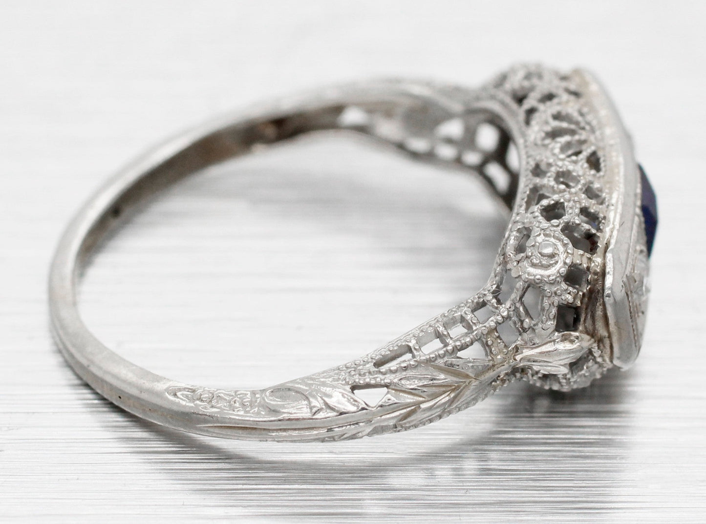 Antique Art Deco Square Sapphire & Diamond Band Ring - 18k White Gold
