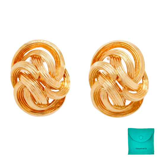 Tiffany & Co. Solid 18k Yellow Gold Big Knot Earrings - 750 Clip-Ons with Pouch