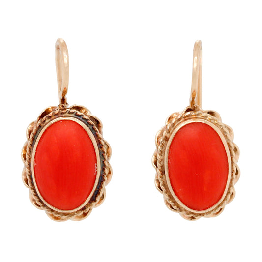Vintage Red Coral Cabochon Dangle Earrings - 14k Yellow Gold Wireback