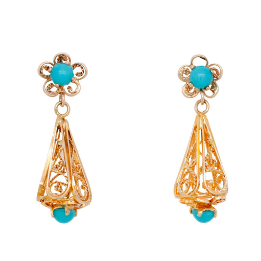 Vintage Turquoise Filigree Swirled Cone Dangle Earrings - Solid 14k Yellow Gold