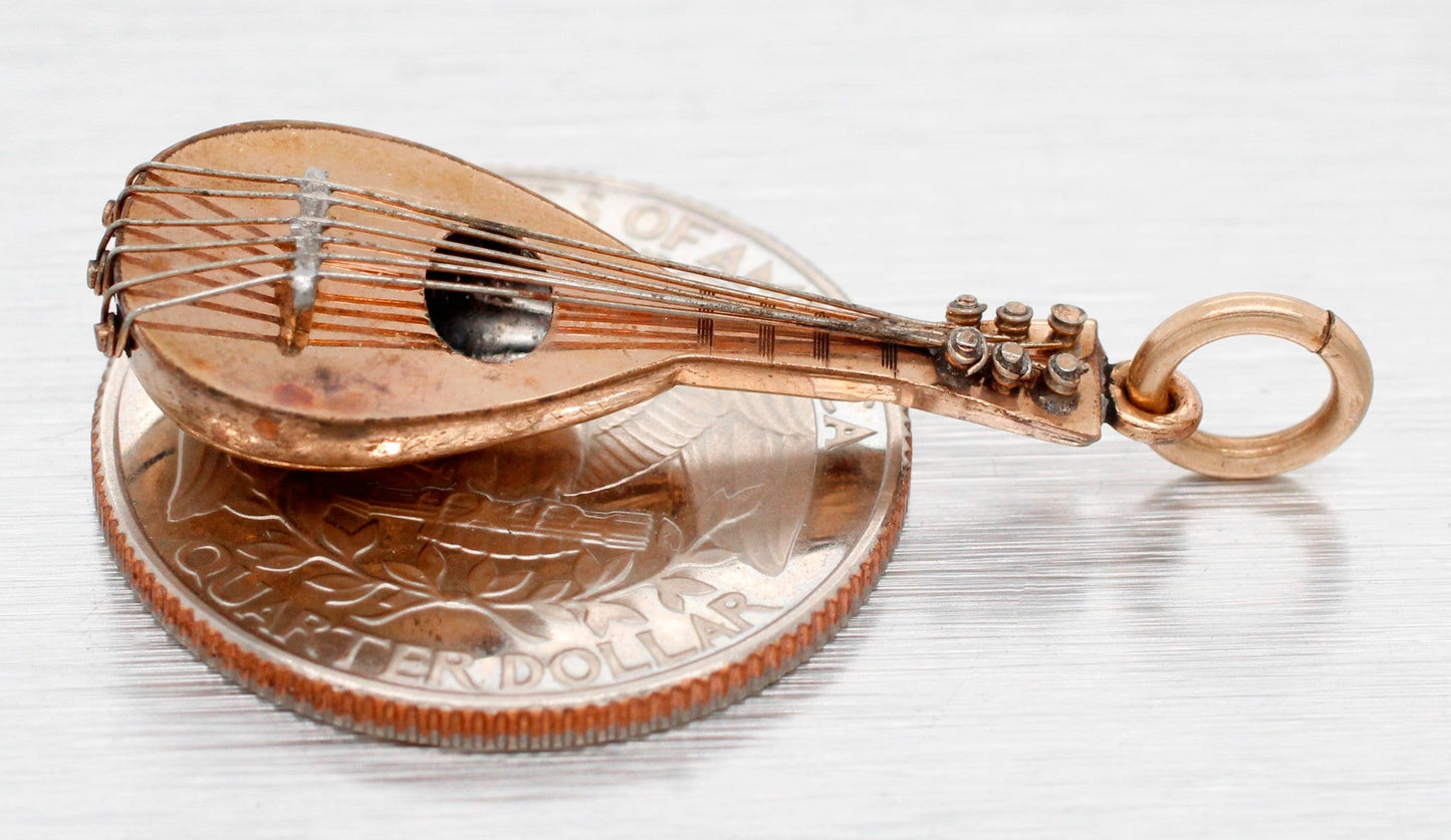 Vintage Solid 14k Yellow Gold Mandolin Charm - Music Pendant