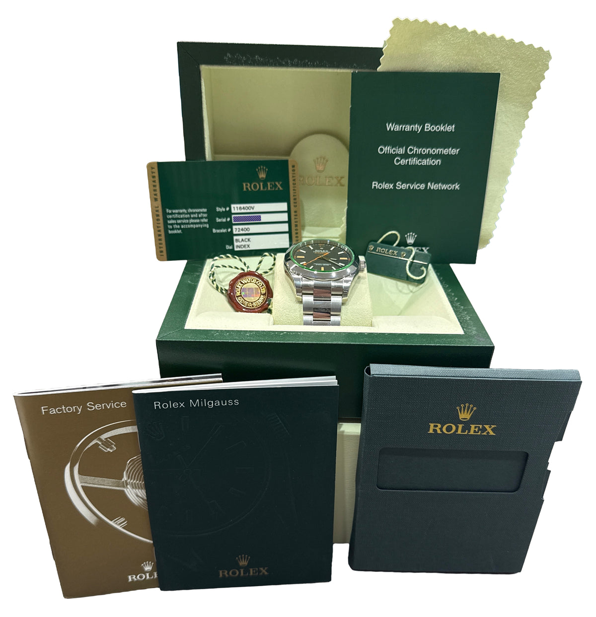 New Stickered 2010 Rolex Milgauss 116400 GV Black Green 40mm Steel Box Papers