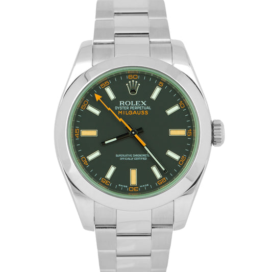 MINT 2022 Rolex Milgauss BLACK Green Stainless Steel Oyster 40mm 116400 GV Watch