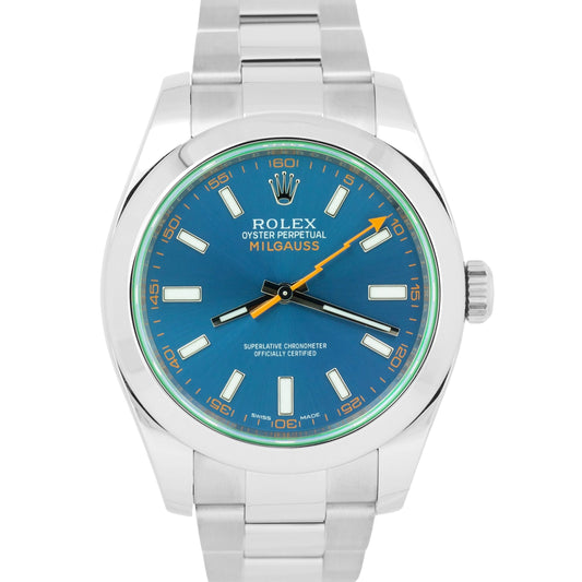 MINT 2022 Rolex Milgauss Z-Blue Green Crystal 40mm 116400 GV Steel Oyster Watch
