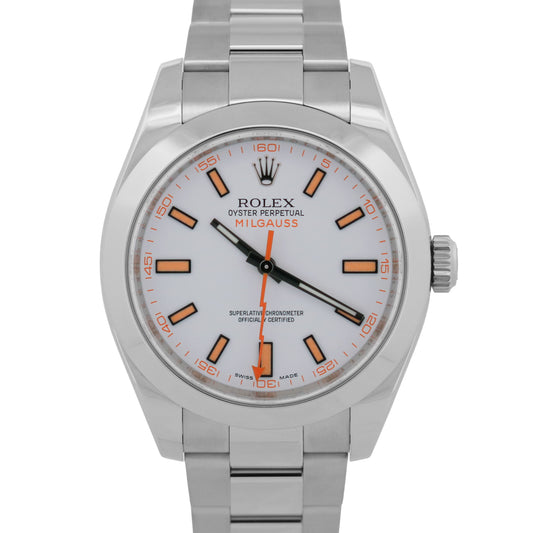2024 CPO Rolex Milgauss 116400 White Orange Stainless Steel 40mm Watch Papers