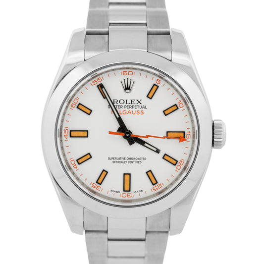 Rolex Milgauss WHITE Orange Stainless Steel 40mm 116400 Oyster Automatic Watch