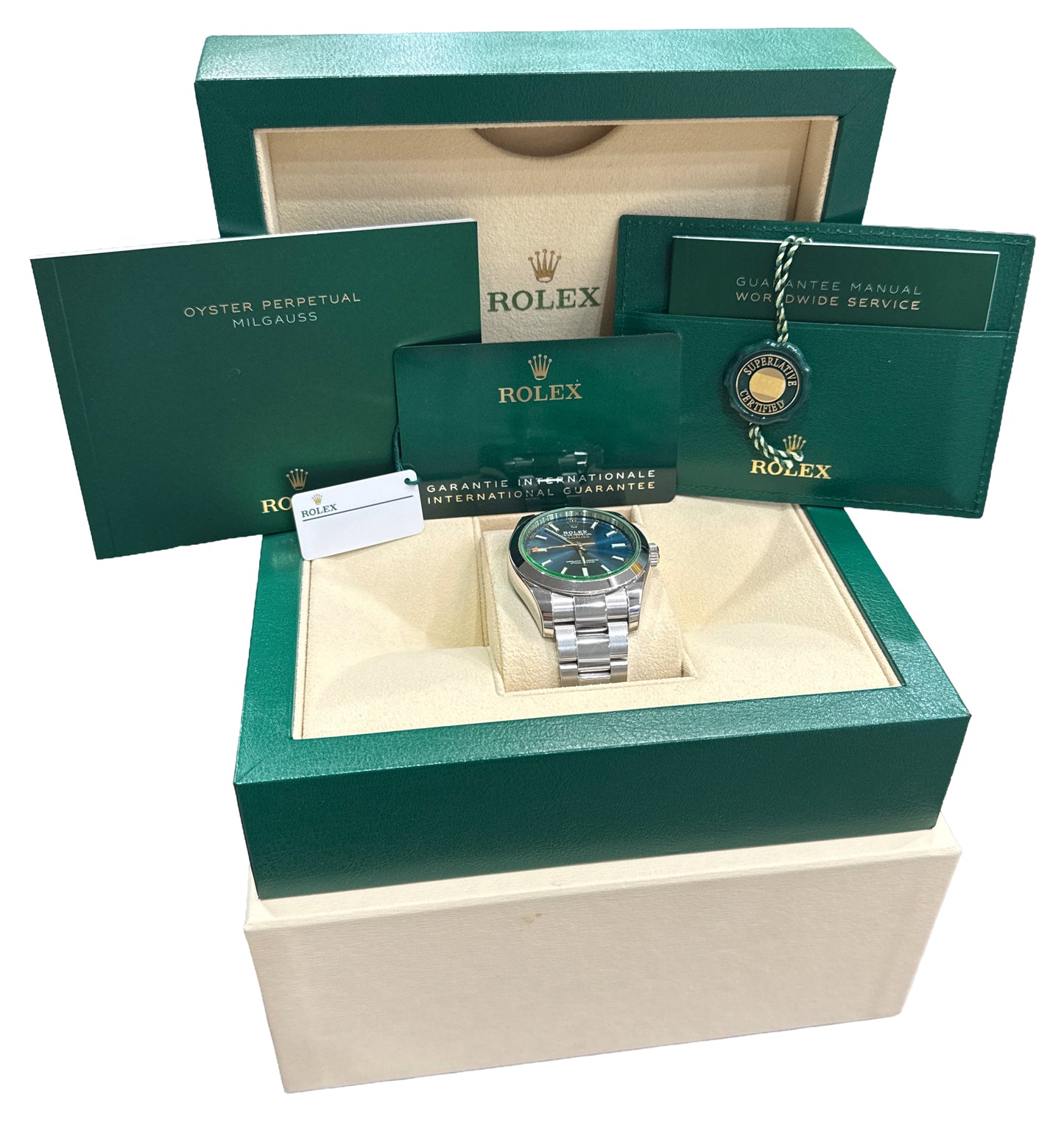 2021 PAPERS Rolex Milgauss BLUE 40mm Z-Blue Green 116400 GV Stainless Watch BOX