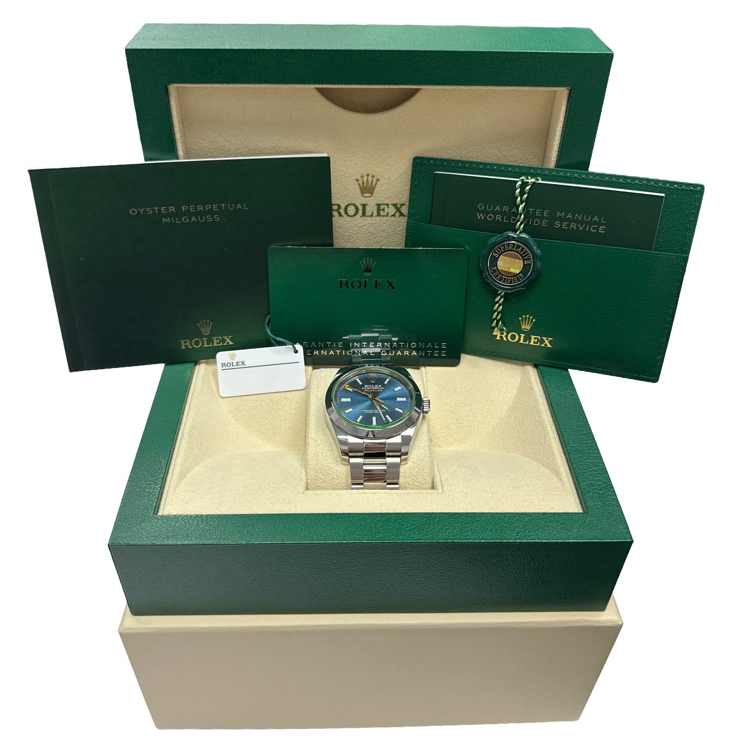 UNPOLISHED 2022 PAPERS Rolex Milgauss BLUE 40mm Z-Blue Green Steel 116400 GV BOX