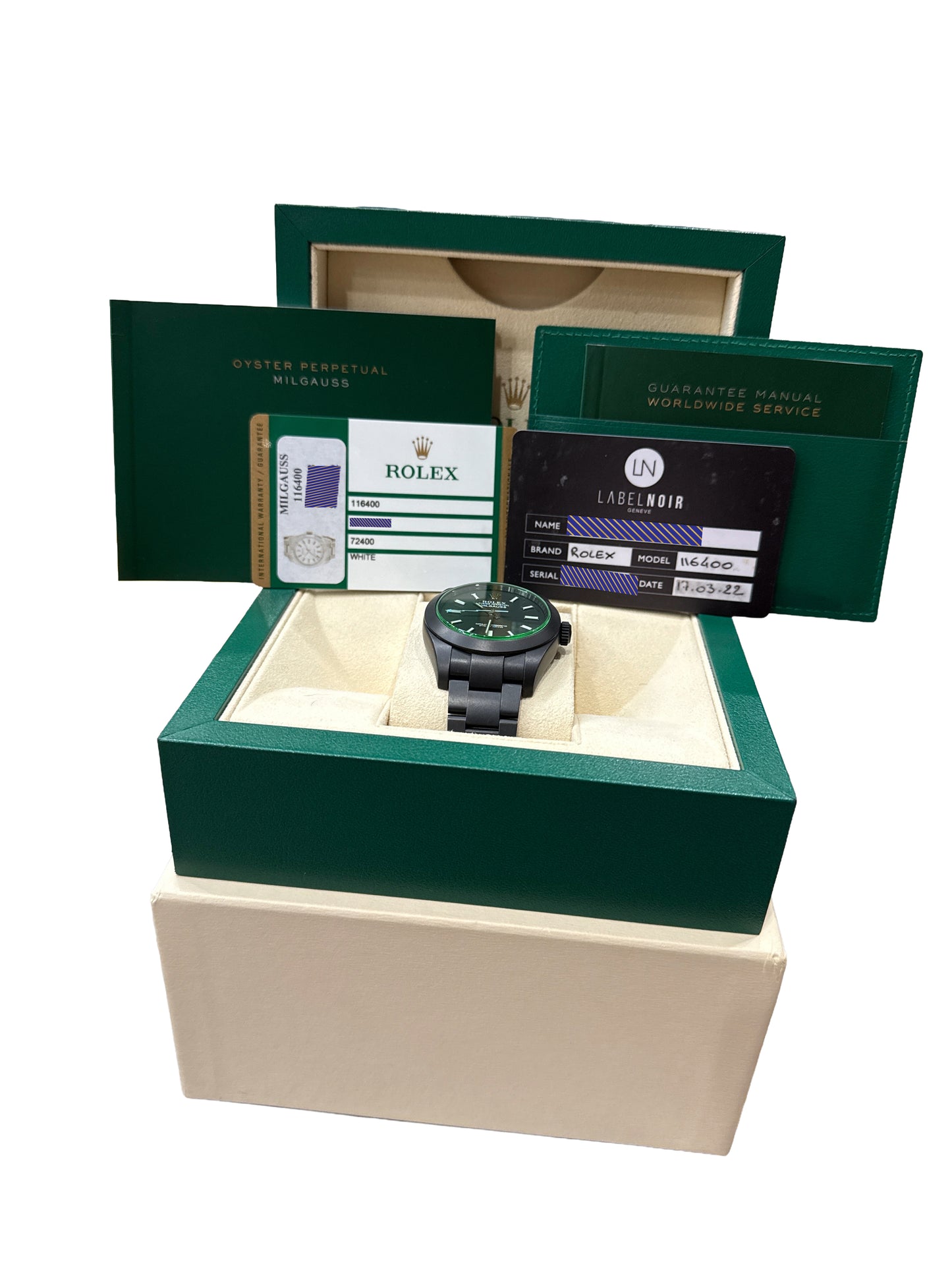 PAPERS Rolex Milgauss PVD BLACK Green 40mm LABEL NOIR Steel Watch 116400 BOX