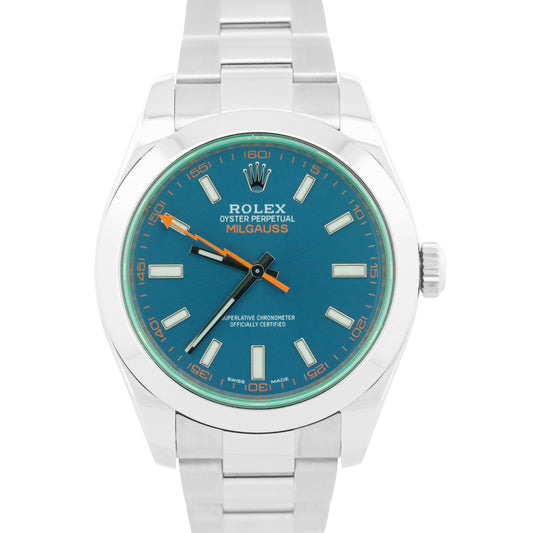 PAPERS Rolex Milgauss Z-Blue Green Crystal BLUE 40mm 116400 GV Steel Watch BOX