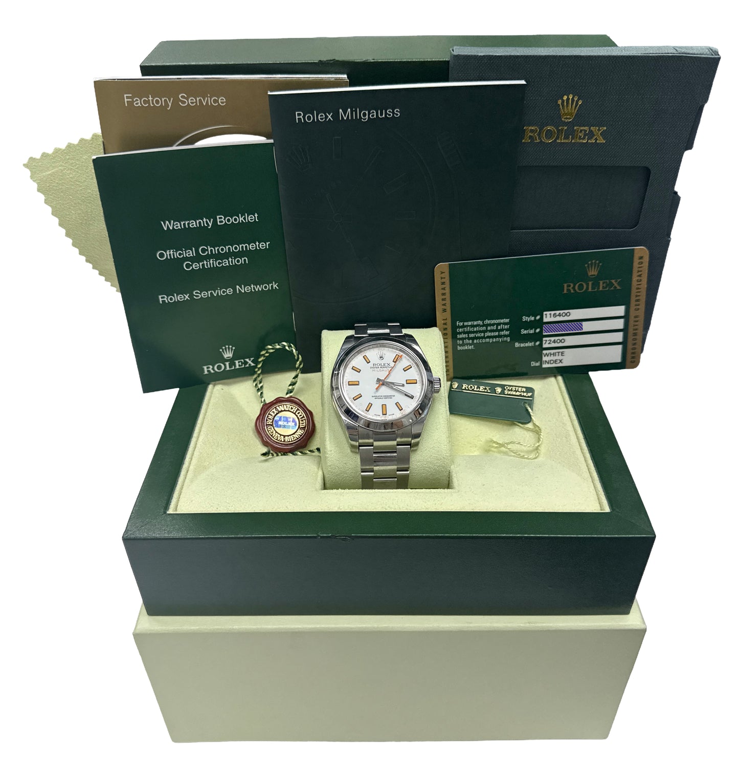 NOS STICKERED PAPERS Rolex Milgauss WHITE 40mm Stainless Steel 116400 Watch BOX