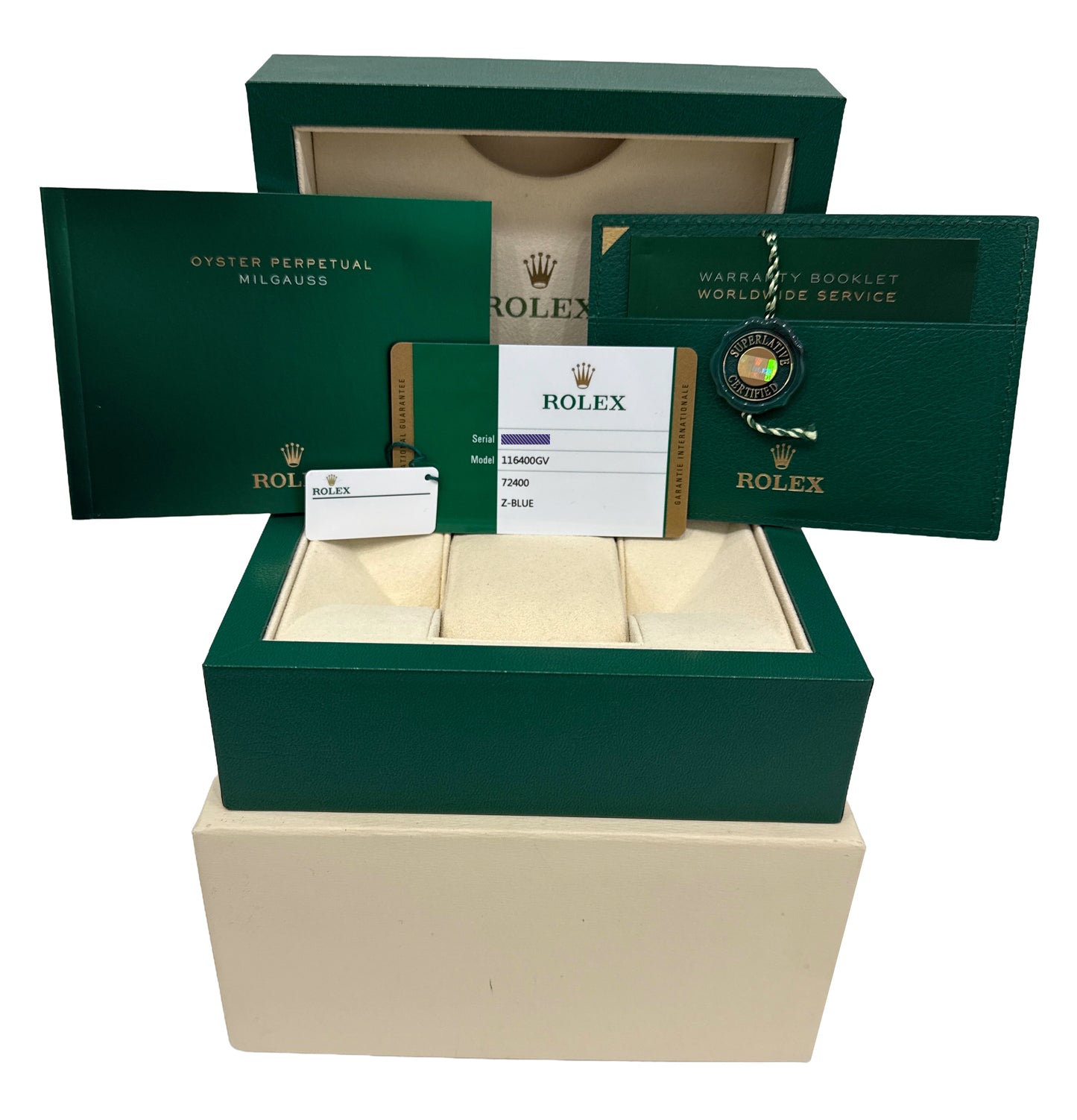 PAPERS Rolex Milgauss Z-Blue Green Crystal BLUE 40mm 116400 GV Steel Watch BOX