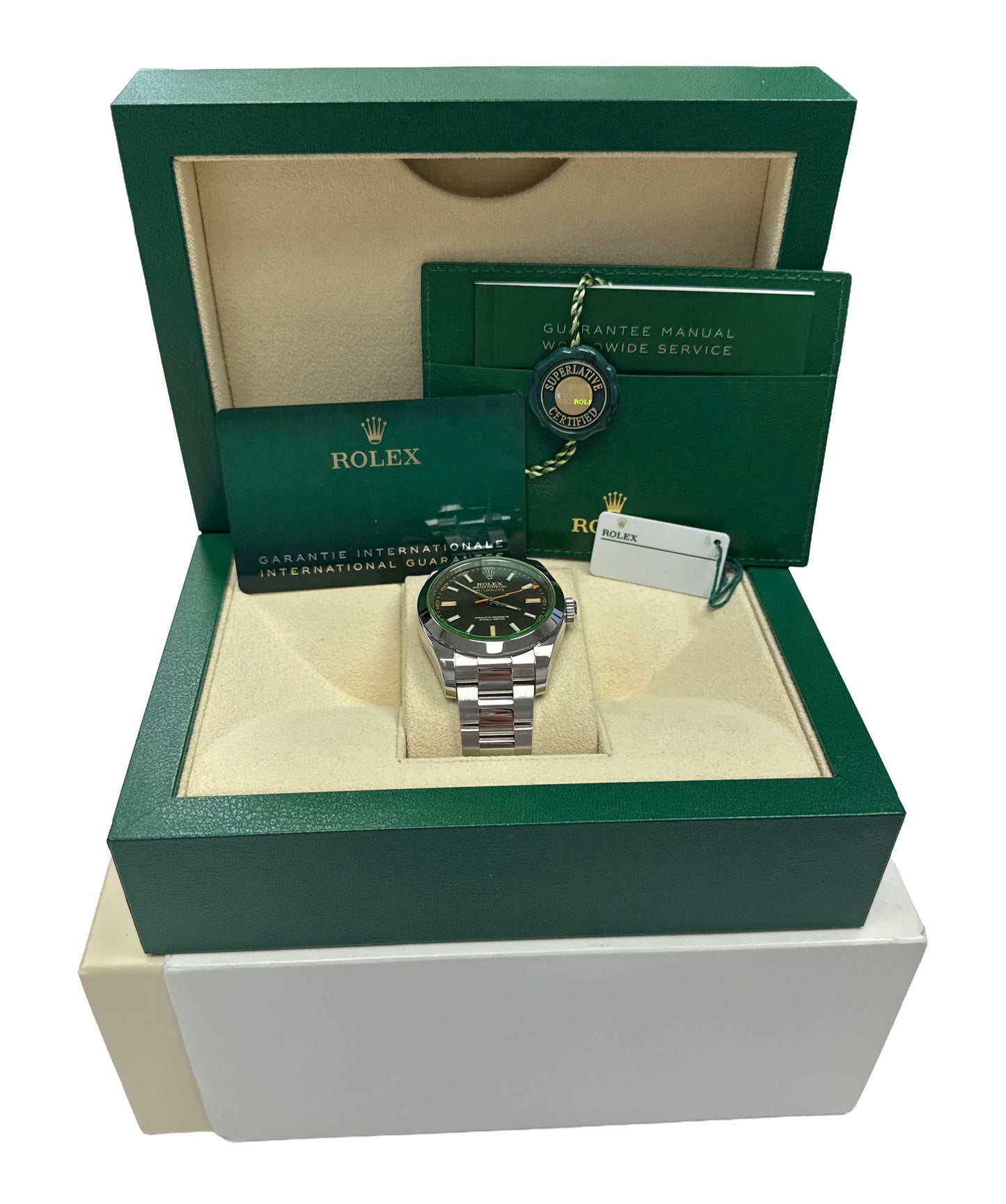 2023 PAPERS Rolex Milgauss BLACK Green Crystal 40mm Stainless 116400 GV BOX