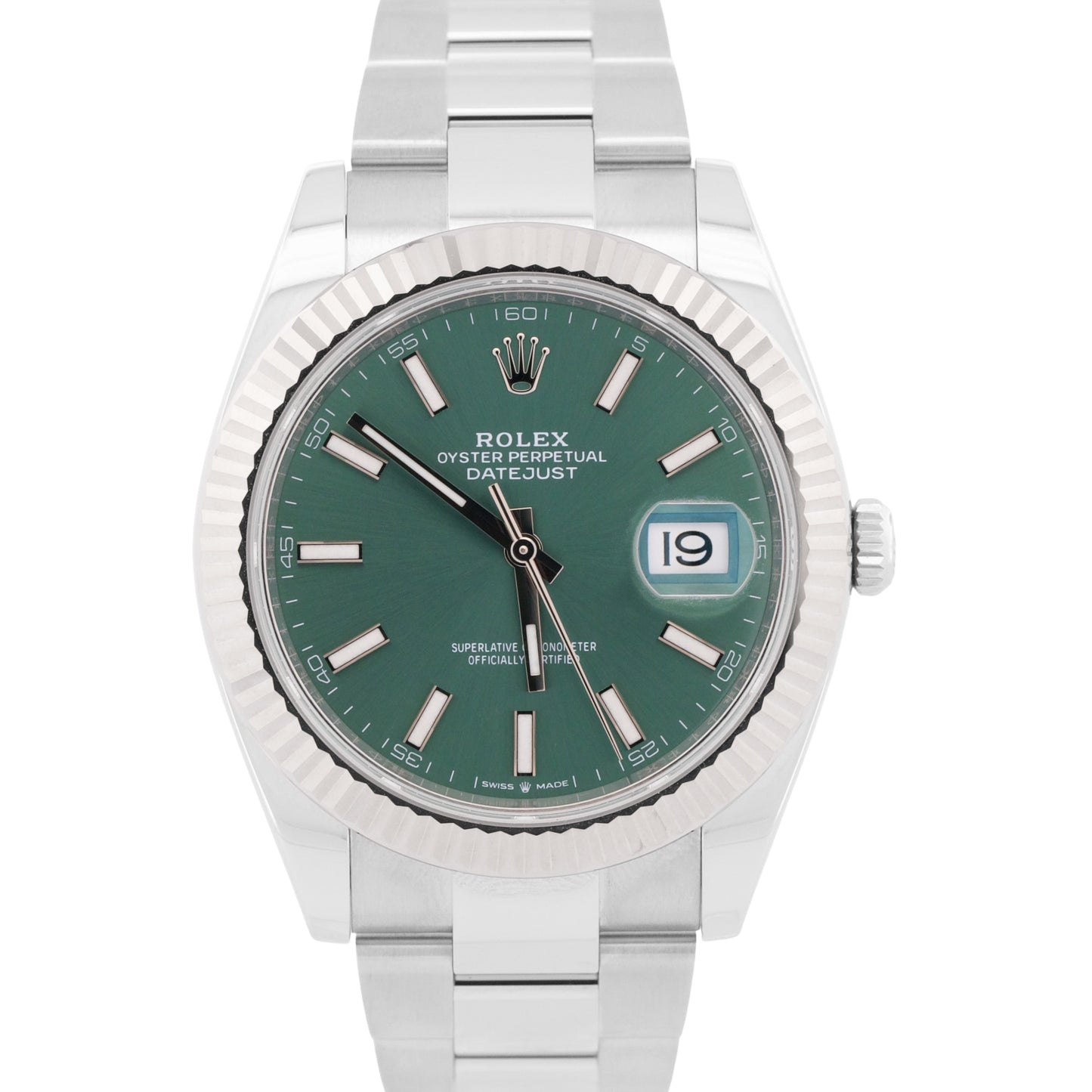 2024 PAPERS Rolex DateJust 41mm MINT GREEN 18K Steel Fluted OYSTER 126334 BOX