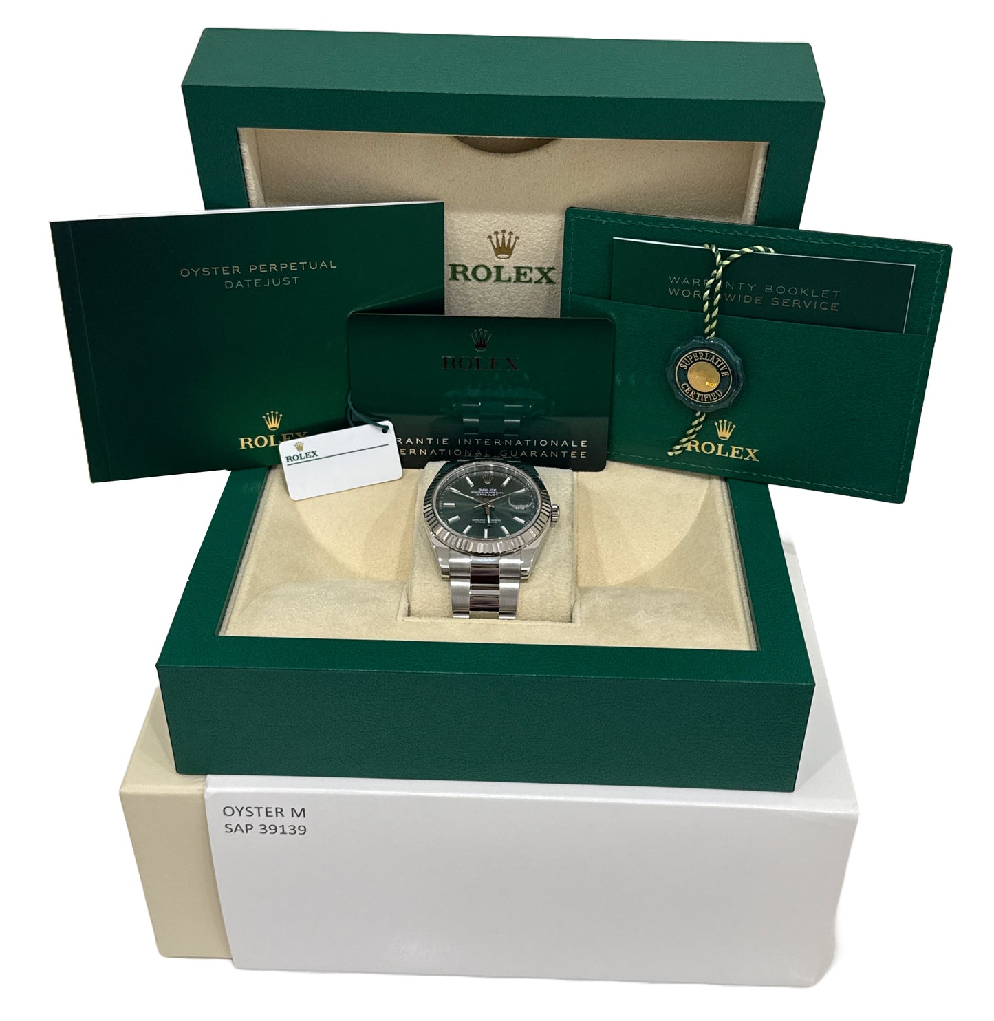 2024 PAPERS Rolex DateJust 41mm MINT GREEN 18K Steel Fluted OYSTER 126334 BOX